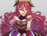  1girl :d bangs bare_shoulders breasts cleavage dragalia_lost eyebrows_visible_through_hair fang fur_trim gloves hair_between_eyes hair_ornament hand_on_hip highres large_breasts long_hair looking_at_viewer mym_(dragalia_lost) open_mouth orange_eyes red_hair shoukkun25 smile solo tail upper_body very_long_hair 