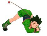  1boy arm_support belt black_hair boots crossed_arms fishing_rod flexible full_body gon_freecss green_footwear green_jacket green_shorts highres hunter_x_hunter jack-o&#039;_challenge jacket k.g_(matsumoto_zo) legs_apart long_sleeves looking_at_viewer male_focus meme orange_eyes pocket pose shorts simple_background smile solo spiked_hair spread_legs top-down_bottom-up white_background wide_spread_legs widow&#039;s_peak 