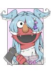  :d absurdres axe blue_hair elira_pendora elmo fangs hair_ornament hair_over_one_eye hair_wings hatchet_(axe) highres more_marx nijisanji nijisanji_en overalls pink_background sesame_street smile twitter_username upper_body virtual_youtuber white_background x_hair_ornament 