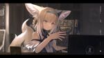  1girl 3syo animal_ear_fluff animal_ears arknights bangs bare_shoulders blonde_hair blue_hairband book braid brown_eyes commentary_request english_text eyebrows_visible_through_hair fox_ears fox_girl fox_tail hair_between_eyes hair_rings hairband hand_up highres holding holding_book kitsune letterboxed open_book shirt solo suzuran_(arknights) tail twin_braids upper_body white_shirt 