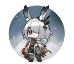  1girl acidear animal_ear_fluff animal_ears arknights bangs black_gloves black_shirt boots chibi closed_mouth commentary eyebrows_behind_hair frostnova_(arknights) full_body gloves grey_eyes grey_footwear grey_hair grey_jacket hair_ornament hair_over_one_eye hairclip hand_up jacket looking_at_viewer shirt solo standing symbol-only_commentary torn_jacket 