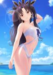  1girl a-o_a absurdres arm_behind_head bangs bare_arms bare_shoulders black_hair black_ribbon blue_sky cloud cowboy_shot crown earrings fate/grand_order fate_(series) hair_ribbon highres hoop_earrings ishtar_(fate) jewelry lens_flare long_hair looking_at_viewer navel ocean outdoors parted_bangs parted_lips red_eyes ribbon seaside sky solo standing strapless strapless_swimsuit sunlight swimsuit thighs tiara two_side_up white_swimsuit 