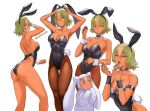  2girls animal_costume animal_ears armpits artist_name ass bangs bare_shoulders black_leotard breasts bunny_costume cleavage collarbone commentary dark_skin detached_collar fake_animal_ears fake_tail fire_emblem fire_emblem_heroes food gradient gradient_hair green_hair hair_ornament holding holding_food laegjarn_(fire_emblem) laevatein_(fire_emblem) leotard lipstick makeup medium_breasts meziosaur multicolored_hair multiple_girls multiple_views open_mouth orange_hair pantyhose pink_hair playboy_bunny rabbit_tail red_eyes shiny shiny_hair short_hair signature simple_background smile strapless strapless_leotard tail thighs white_background 