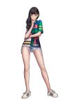  1girl absurdres bangs black_hair brown_hair closed_mouth commentary denim denim_shorts full_body highres jungon_kim legs long_hair looking_at_viewer original shirt short_sleeves shorts simple_background solo standing t-shirt torn_clothes torn_shorts white_background white_legwear 