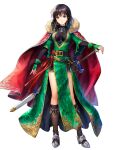  1girl asatani_tomoyo bangs belt belt_pouch black_hair black_legwear boots breasts brown_eyes cape dress earrings fingerless_gloves fingernails fire_emblem fire_emblem:_thracia_776 fire_emblem_heroes full_body fur_trim gloves gold_trim green_dress green_gloves hair_ornament highres jewelry knee_boots mareeta_(fire_emblem) medium_breasts medium_hair necklace non-web_source official_art pouch red_cape shiny shiny_hair short_sleeves skin_tight solo sword transparent_background weapon wide_sleeves 