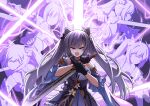  1girl absurdres angry bare_shoulders bow braid double_bun dress frilled_dress frilled_sleeves frills genshin_impact glaring gloves hair_bow hair_bun hair_ornament hairclip highres holding holding_sword holding_weapon karadborg keqing_(genshin_impact) open_mouth purple_eyes purple_hair sword twintails weapon 