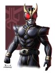  1boy arcle_(kuuga) armor beetle bodysuit bug commentary_request helmet highres horns kamen_rider kamen_rider_kuuga kamen_rider_kuuga_(series) kamen_rider_kuuga_(ultimate_form) looking_at_viewer male_focus red_eyes rider_belt solo spikes stag_beetle taikyokuturugi thumbs_up tokusatsu 