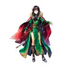  1girl absurdres asatani_tomoyo bangs belt belt_pouch black_hair black_legwear boots breasts brown_eyes cape commentary_request dress earrings fingerless_gloves fingernails fire_emblem fire_emblem:_thracia_776 fire_emblem_heroes full_body fur_trim gloves gold_trim green_dress green_gloves hair_ornament high_heels highres jewelry knee_boots looking_at_viewer mareeta_(fire_emblem) medium_breasts medium_hair necklace official_art pelvic_curtain pouch red_cape shiny shiny_hair short_sleeves simple_background skin_tight smile solo standing sword tied_hair weapon white_background wide_sleeves 