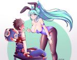  1boy 1girl absurdres animal_ears ass bangs blue_shirt blue_shorts blush breasts brown_hair brown_legwear circlet cleavage closed_mouth fake_animal_ears green_eyes green_hair highres jarckius large_breasts leaning_forward leotard long_hair open_mouth playboy_bunny pneuma_(xenoblade) ponytail purple_leotard rabbit_ears rex_(xenoblade) shirt short_hair shorts sitting sleeveless sleeveless_shirt smile twitter_username wavy_mouth white_background wrist_cuffs xenoblade_chronicles_(series) xenoblade_chronicles_2 