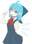  1girl :d ahoge arm_behind_back bangs blue_bow blue_eyes blue_hair bow cirno collared_shirt eyebrows_visible_through_hair fang hair_bow highres ice ice_wings kae_karee looking_at_viewer open_mouth red_ribbon ribbon shirt short_hair short_sleeves simple_background skin_fang smile solo standing touhou v v-shaped_eyebrows white_background white_shirt wings 