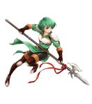  1girl armor bangs belt boots breastplate dress elbow_gloves eyebrows_visible_through_hair fingerless_gloves fire_emblem fire_emblem:_thracia_776 fire_emblem_heroes full_body gloves gold_trim green_dress green_eyes green_hair highres karin_(fire_emblem) knee_pads non-web_source official_art pantyhose shiny shiny_clothes shiny_hair short_dress short_hair short_sleeves shoulder_armor solo thigh_boots thighhighs transparent_background uroko_(mnr) 
