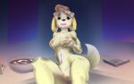  absurd_res animal_crossing anthro baking breast_grab breasts canid canine canis domestic_dog dripping female fondling genitals hand_on_breast hi_res hoshipuma isabelle_(animal_crossing) mammal milk nervous nintendo nipples nude pink_nipples pussy self_fondle solo video_games 