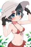  1girl adjusting_clothes adjusting_headwear bikini black_gloves black_hair blue_eyes blush breasts commentary_request eyebrows_visible_through_hair flying_sweatdrops gloves hat highres kaban_(kemono_friends) kemono_friends looking_at_viewer medium_breasts micro_bikini navel nervous_smile ransusan short_hair simple_background smile solo sun_hat sweat swimsuit upper_body white_background 