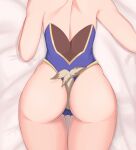  1girl a-o_a absurdres ass ass_focus bare_arms bare_shoulders bed_sheet blue_leotard cameltoe close-up commentary_request from_behind genshin_impact gold_trim highleg highleg_leotard highres leotard lying mona_(genshin_impact) on_stomach solo strapless strapless_leotard thighs 