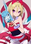  1girl absurdres alternate_eye_color bangs blonde_hair bracelet closed_mouth collar eyelashes flute glaceon hair_between_eyes hairband hand_up highres holding holding_poke_ball instrument irida_(pokemon) jewelry looking_at_viewer medium_hair mutsu_aya on_shoulder poke_ball poke_ball_(legends) pokemon pokemon_(creature) pokemon_(game) pokemon_legends:_arceus pokemon_on_shoulder red_hairband red_shirt sash shirt shorts strapless strapless_shirt waist_cape white_shorts 