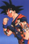  1990s_(style) black_eyes black_hair blue_background brothers child clenched_hand dougi dragon_ball dragon_ball_z father_and_son long_sleeves male_focus muscular muscular_male non-web_source official_art open_mouth purple_hair retro_artstyle saiyan scan siblings simple_background sleeveless smile son_gohan son_goku son_goten spiked_hair wristband 