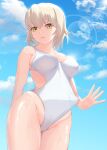  1girl a-o_a adjusting_clothes bare_arms blue_sky breasts cleavage closed_mouth cloud cowboy_shot fate/grand_order fate_(series) groin highleg highleg_swimsuit highres jeanne_d&#039;arc_alter_(fate) lens_flare looking_at_viewer medium_breasts outdoors platinum_blonde_hair see-through sky solo standing swimsuit wet white_swimsuit yellow_eyes 
