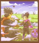  1boy 1girl black_hair blush bodysuit bridge closed_mouth cloud commentary_request day father_and_daughter fishnet_bodysuit fishnets grass hands_up janine_(pokemon) koga_(pokemon) lowres makita_(mugitya3776) ninja orange_scarf outdoors own_hands_together pants pigeon-toed pokemon pokemon_(creature) pokemon_(game) pokemon_frlg pokemon_hgss river scarf short_ponytail short_sleeves sky smoke spiked_hair stairs standing tied_hair venonat water wavy_mouth younger 