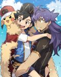  2boys :d ash_ketchum bangs baseball_cap black_hair blue_jacket borrowed_garments brown_eyes cape carrying champion_uniform cloud commentary_request dark-skinned_male dark_skin day eyelashes facial_hair fur-trimmed_cape fur_trim gloves hat highres jacket leon_(pokemon) long_hair male_focus multiple_boys open_mouth ou_negi outdoors partially_fingerless_gloves pikachu pokemon pokemon_(anime) pokemon_(creature) pokemon_swsh_(anime) purple_hair red_cape shirt short_hair short_sleeves shorts single_glove sky sleeveless sleeveless_jacket smile t-shirt teeth tongue upper_teeth white_shirt yellow_eyes 