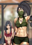  2girls akali arm_tattoo artist_name bangs bare_shoulders black_gloves black_hair blurry blurry_background breasts cleavage cowboy_shot gloves green_shorts hayashidraws highres instagram_logo irelia jewelry league_of_legends long_hair looking_at_viewer medium_breasts mouth_veil multiple_girls navel necklace ponytail shorts signature solo_focus stomach tattoo toned twitter_logo veil 