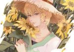  1boy clivenzu closed_mouth earrings flower grey_eyes hat highres holding holding_flower hunter_x_hunter jewelry kurapika looking_at_viewer male_focus otoko_no_ko shirt short_hair smile solo straw_hat sunflower white_shirt 