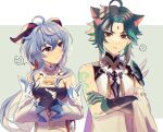  1boy 1girl ahoge ako_(zlzdf) animal_ears arm_tattoo asymmetrical_clothes bangs bead_necklace beads bell black_bodysuit blue_hair bodysuit brown_eyes cat_boy cat_ears crossed_arms detached_sleeves eyeshadow facial_mark forehead_mark ganyu_(genshin_impact) genshin_impact gloves goat_horns green_hair horns jewelry long_hair low_ponytail makeup multicolored_hair neck_bell necklace parted_bangs purple_eyes red_eyeshadow short_hair_with_long_locks tattoo two-tone_hair xiao_(genshin_impact) 