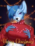  absurd_res anthro black_nose blue_body blue_fur blue_hair bust_portrait canid canine christmas clothing english_text eyelashes female fingernails fur hair hi_res holidays lanhai mammal merry_christmas nails portrait purple_eyes red_clothing red_sweater red_topwear solo string_lights sweater text topwear 