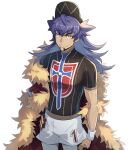  1boy arm_at_side bangs baseball_cap bright_pupils cape champion_uniform clenched_hand closed_mouth commentary_request cowboy_shot dark-skinned_male dark_skin facial_hair fur-trimmed_cape fur_trim gloves hair_between_eyes hand_on_hip hat highres leggings leon_(pokemon) long_hair looking_at_viewer male_focus ou_negi pokemon pokemon_(game) pokemon_swsh purple_hair red_cape shield_print shirt short_shorts short_sleeves shorts simple_background single_glove smile solo sword_print white_background white_legwear white_pupils white_shorts yellow_eyes 