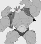  4_arms abs anthro belt biceps big_muscles black_clothing black_jacket black_topwear clothing flexing huge_muscles jacket looking_at_viewer machamp male monochrome multi_arm multi_limb muscular muscular_anthro muscular_male nintendo pecs pok&eacute;mon pok&eacute;mon_(species) pokemon_unite red_eyes smile solo speedo swimwear topwear video_games yongdasom 