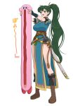  1girl :d absurdres blue_dress boots breasts brown_footwear commentary_request dress fire_emblem fire_emblem:_the_blazing_blade full_body gonzarez green_eyes green_hair highres holding kirby kirby_(series) knee_boots large_breasts long_hair longcat lyn_(fire_emblem) mouthful_mode oomoto_makiko open_mouth pelvic_curtain ponytail scabbard sheath sheathed short_sleeves smile standing sword thighs translated very_long_hair voice_actor_connection weapon 