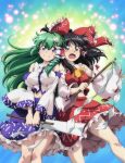  2girls arm_up ascot bangs black_hair blush bow breasts closed_mouth commentary_request detached_sleeves eyebrows_visible_through_hair eyes_visible_through_hair frog_hair_ornament gohei green_hair grey_eyes hair_between_eyes hair_bow hair_ornament hair_tubes hakurei_reimu hands_up holding kochiya_sanae large_breasts long_hair looking_at_another lunamoon medium_breasts multiple_girls open_mouth purple_eyes red_skirt short_hair skirt smile snake_hair_ornament standing touhou yellow_ascot 