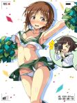  &gt;_&lt; 2girls akiyama_yukari armpits bangs black_neckerchief blouse blush breasts brown_eyes brown_hair camcorder cheering cheerleader cleavage collarbone crop_top crop_top_overhang girls_und_panzer green_skirt highres holding holding_pom_poms large_breasts long_sleeves macaroni_hourensou midriff miniskirt multiple_girls navel neckerchief nishizumi_miho ooarai_school_uniform open_mouth panties pantyshot pleated_skirt pom_pom_(cheerleading) sailor_collar school_uniform serafuku shirt short_hair skirt sleeveless sleeveless_shirt sweat thumbs_up underwear viewfinder white_blouse white_panties white_sailor_collar 