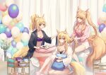  3girls :d alternate_costume animal_ear_fluff animal_ears arknights aunt_and_niece balloon bangs bare_legs barefoot black_bra black_shirt blemishine_(arknights) blonde_hair blue_eyes blush book bottle bowl bra breasts cleavage closed_mouth collarbone combing commentary_request eyebrows_visible_through_hair flower gogatsu_fukuin hairdressing horse_ears horse_girl horse_tail indoors large_breasts lily_(flower) long_sleeves multiple_girls navel nearl_(arknights) open_book open_mouth orange_eyes pillow pink_shorts purple_bra seiza shirt shorts siblings sisters sitting smile tail tray underwear vase whislash_(arknights) white_flower white_shirt white_shorts yellow_eyes 