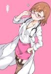  1girl belt breasts brown_hair cleavage doctor garter_straps glasses haimura_kiyotaka highres labcoat misaka_mikoto pink_background pink_belt pink_skirt short_hair skirt stethoscope syringe thighhighs toaru_kagaku_no_railgun toaru_majutsu_no_index 