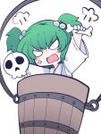  1girl anger_vein bone bucket eyebrows_visible_through_hair fried_rice0614 green_hair hair_bobbles hair_ornament highres holding holding_bone holding_skull in_bucket in_container japanese_clothes kimono kisume long_sleeves one-hour_drawing_challenge open_mouth short_hair simple_background skull solo touhou twintails white_background white_kimono wide_sleeves 