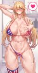  1girl ahoge american_flag_bikini armpits bangs bikini blonde_hair blue_eyes blurry blurry_background blush breasts collarbone flag_print hair_between_eyes heart highres huge_breasts iowa_(kancolle) jewelry kantai_collection long_hair looking_at_viewer messy_hair one_eye_closed ring sawayuzu sidelocks single_thighhigh smile solo spoken_heart standing swept_bangs swimsuit thighhighs toned wedding_band wet 