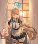  1girl absurdres apron asuna_(blue_archive) asymmetrical_bangs bangs blonde_hair blue_archive blue_bow blue_bowtie blue_eyes blurry blurry_foreground bow bowtie breasts cleavage clock clock_tower cowboy_shot curtain_grab curtains detached_collar eyes_visible_through_hair flower garter_straps gloves grin hair_between_eyes halo hand_up headphones highres large_breasts long_hair looking_at_viewer maid maid_apron maid_headdress mole mole_on_breast momuru parted_lips smile solo sunset thighhighs tower vase white_gloves white_legwear window 