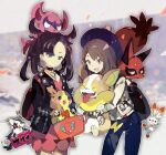  2girls :d alternate_costume asymmetrical_bangs backpack bag bangs black_bag black_choker black_hair black_jacket black_nails blue_pants choker closed_mouth commentary_request dress galarian_linoone gloria_(pokemon) green_eyes hair_ribbon holding holding_pokemon impidimp jacket kantarou_(8kan) marnie_(pokemon) morpeko morpeko_(full) multiple_girls nail_polish nickit open_clothes open_jacket open_mouth pants pink_dress pokemon pokemon_(creature) pokemon_(game) pokemon_swsh red_ribbon ribbon rotom rotom_phone scorbunny smile yamper 