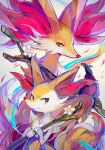  braixen closed_mouth commentary_request delphox fang fang_out flower furry highres holding holding_stick kantarou_(8kan) looking_down pokemon pokemon_(creature) red_eyes smile stick white_background white_flower 