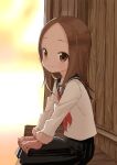  1girl absurdres brown_eyes brown_hair closed_mouth commentary_request gloves highres karakai_jouzu_no_takagi-san long_sleeves looking_at_viewer neckerchief orange_gloves red_neckerchief sailor_collar school_uniform serafuku sitting solo takagi-san yamamoto_souichirou 