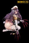  1girl ass black_background blue_eyes boots breasts claw_(weapon) destiny_child epaulettes from_side full_body gloves hat high_heel_boots high_heels highres huge_ass large_breasts logo long_hair looking_at_viewer looking_to_the_side parted_lips peaked_cap purple_hair seiza simple_background sitting smile solo thigh_boots thighhighs weapon white_footwear white_gloves white_headwear wonchun 