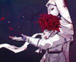  1boy blood blood_on_hands bouquet closed_mouth elden_ring flower from_side highres holding holding_bouquet holding_flower male_focus petals profile qur0704 reaching_out red_flower red_rose rose smile solo standing tabard veil white-faced_varre white_mask 