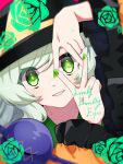  1girl arm_up black_headwear blouse blurry bow collarbone diamond-shaped_pupils diamond_(shape) double_v english_text eyeball flower frilled_sleeves frills green_eyes green_flower green_nails green_rose hand_up hat hat_bow highres komeiji_koishi komori_(komo_ricecake) light_blush light_green_hair long_sleeves looking_at_viewer nail_polish one_eye_closed portrait rose smile solo stitches symbol-shaped_pupils third_eye touhou v v_over_eye wide_sleeves yellow_blouse yellow_bow 