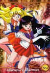  1990s_(style) 2girls aino_minako bangs bishoujo_senshi_sailor_moon black_eyes black_hair blonde_hair blue_eyes bow card_(medium) character_name earrings elbow_gloves eyebrows_visible_through_hair fingers_to_mouth floating_hair gloves hair_bow high_heels hino_rei inner_senshi jewelry leotard long_hair magical_girl miniskirt multiple_girls non-web_source official_art one_eye_closed open_mouth orange_footwear orange_sailor_collar orange_skirt pleated_skirt pointing red_footwear red_sailor_collar red_skirt retro_artstyle sailor_collar sailor_mars sailor_senshi sailor_venus skirt star_(symbol) star_earrings strappy_heels tiara 