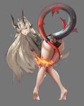  :d absurdres ahoge arknights baixu bangs bare_legs barefoot bent_over black_panties black_sweater blonde_hair blush breasts dragon_girl dragon_horns dragon_tail eyebrows_visible_through_hair flame-tipped_tail full_body grey_background highres horns infection_monitor_(arknights) large_breasts long_hair long_sleeves looking_at_viewer looking_back open_mouth panties reed_(arknights) simple_background smile soles standing sweater tail tail_ornament tail_ring trefoil underwear very_long_hair 