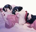  1boy 1girl absurdres black_hair cellphone eyeshadow flip_phone highres hoicyo hoozuki_(hoozuki_no_reitetsu) hoozuki_no_reitetsu horns japanese_clothes looking_at_another looking_at_phone makeup mole mole_under_eye on_bed oni_horns peach_maki phone short_hair 