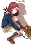  1girl absurdres black_legwear brown_eyes brown_footwear cat flcl full_body halo highres kneehighs lips long_sleeves looking_at_viewer mou_(piooooon) plaid plaid_skirt red_hair robot samejima_mamimi school_uniform serafuku shadow shoes short_hair sitting skirt solo 