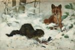  1881 19th_century ambiguous_gender ancient_art avian bird blood bodily_fluids brown_body brown_fur bruno_liljefors canid canine detailed_background domestic_cat duo feathers felid feline felis feral fox fur hi_res looking_at_another mammal nude oil_painting_(artwork) outside painting_(artwork) plant public_domain quadruped red_fox signature snow text traditional_media_(artwork) tree winter 