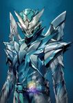  1boy armor arms_at_sides belt blue_background blue_bodysuit blue_headwear bodysuit commentary glowing helmet highres holy_live kamen_rider_live kamen_rider_revice male_focus paintedmike shoulder_armor simple_background sketch solo standing two_sidriver white_wings wing_genome wings 