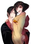  1boy 1girl absurdres annoyed black_hair eyeshadow highres hoicyo hoozuki_(hoozuki_no_reitetsu) hoozuki_no_reitetsu horns hug japanese_clothes makeup mole mole_under_eye oni_horns open_mouth peach_maki short_hair 